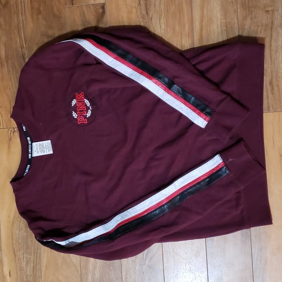 PINK limited edition sweatshirt racer stripe sleeves burgandy - Picture 1 of 3